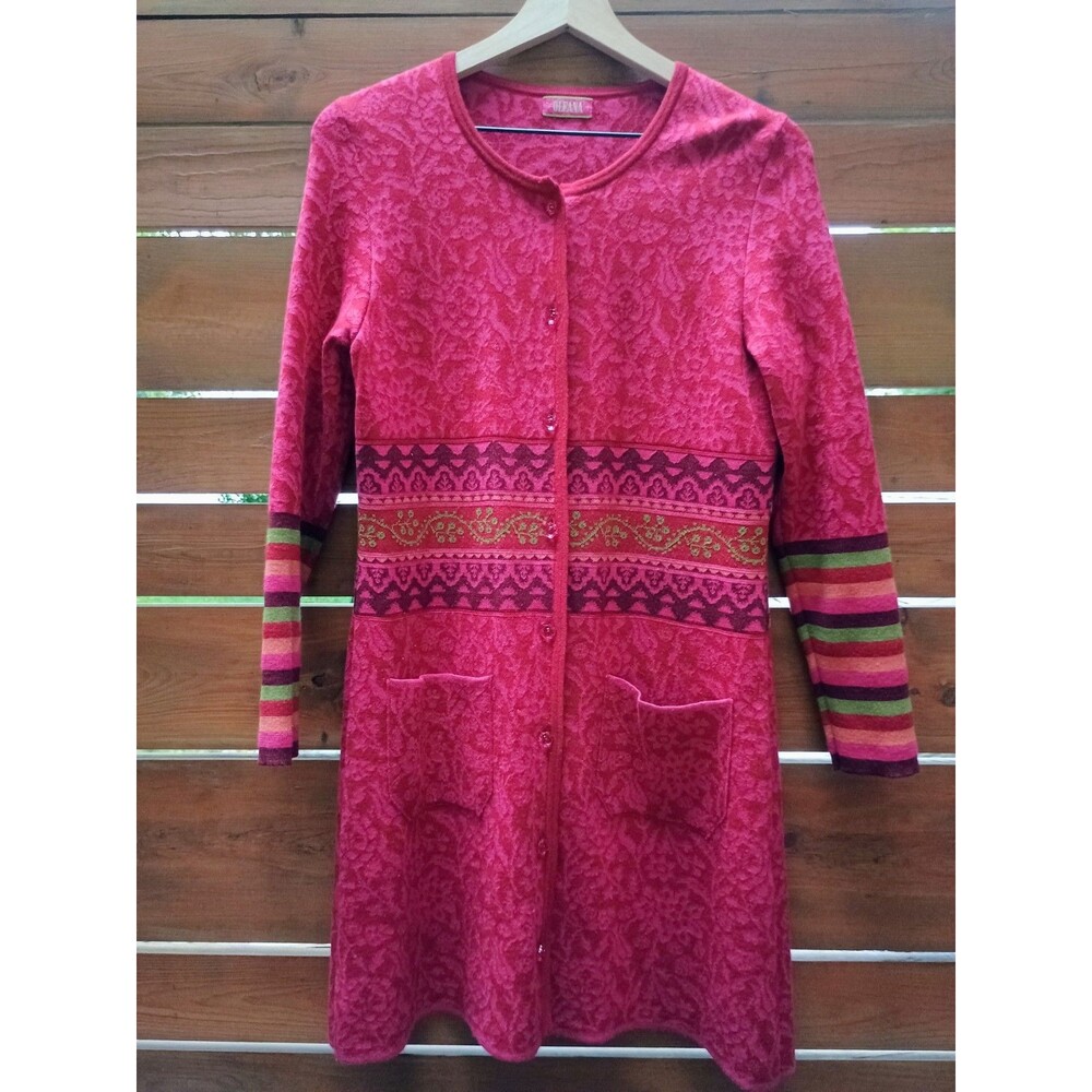 Oleana Norway Long Red Cardigan Sweater Silk Merino Wool Women's size M